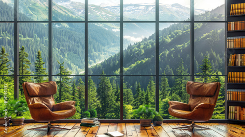 Panoramic window overlooking the forest and river. Minimalist design