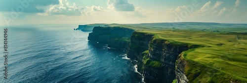 Aerial birds eye drone view from the world famous cliffs of moher in county clare ireland, Scenic Irish rural countryside nature along the wild atlantic way and European Atlantic Geotourism Route