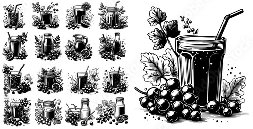 Blackcurrant juice in glass and jug, black and white vector with transparent background, monochrome colorless illustration, decorative sketch shape for laser cutting engraving and printing