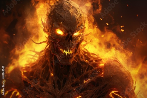 Detailed artwork of a menacing demon engulfed in roaring flames with glowing eyes