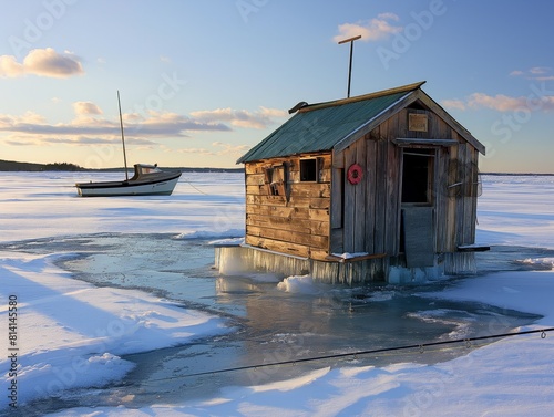 A small cabin is surrounded by ice and snow. A boat is in the water behind the cabin