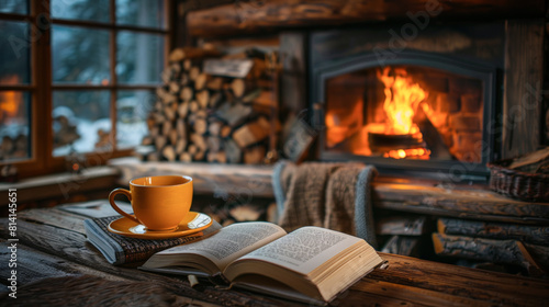Pure relaxation: a book and a cup of tea in front of a fireplace