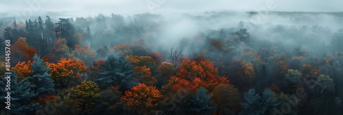 Aerial drone flight over foggy autumn forest realistic nature and landscape