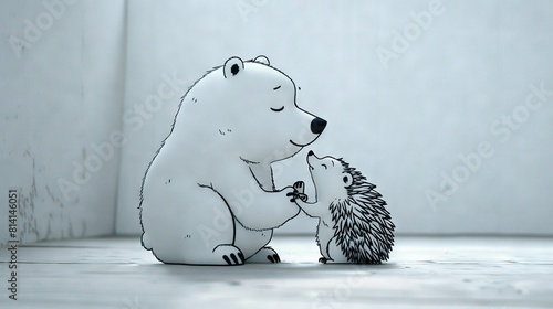  Polar bear and hedgehog sitting together with noses touching