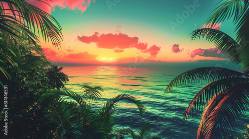Tropical sunset, a gradient from lush green to deep ocean blue