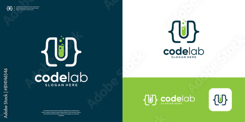 Code lab logo design inspiration. Combination of glass laboratory with code symbols logo.