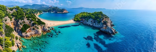Aerial drone photo of paradise twin beaches of Mandraki and Elia in island of Skiathos island, Sporades, Greece realistic nature and landscape