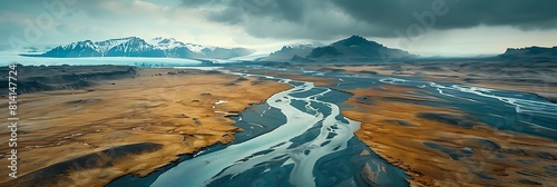 Aerial drone view of a huge riverbed and delta, glacial river system transporting deposits from the Vatnajokull glacier,Iceland realistic nature and landscape