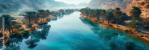 Aerial of river with palm trees in desert realistic nature and landscape