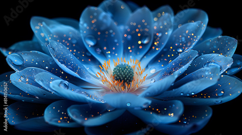 Digital illustration of a blue lotus flower with dew drops. High-resolution digital art. Nature and meditation concept. Design for poster, wallpaper