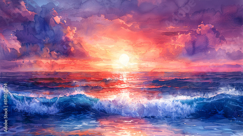 Romantic mood: watercolor sunset over the ocean