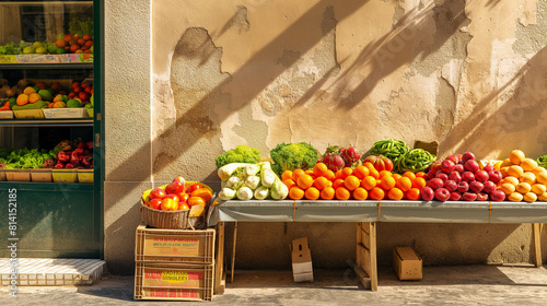 Mercado de rua ao ar livre de produtos naturais. Loja de pequenos agricultores locais de frutas, legumes nas ruas da cidade espanhola em dia ensolarado. Detalhe da Espanha