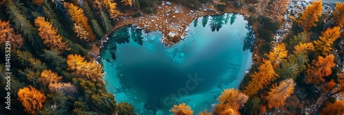 Aerial photograpy over the Val Di Campo (Campo Valley) with the heart-shape Saoseo Lake and Viola Lake in fall season with pine and larch trees in the morning, Switzerland