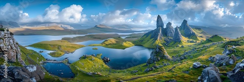 Aerial stitched panorama of Loch Fada and the Old Man of Storr, Isle of Skye, Scotland realistic nature and landscape