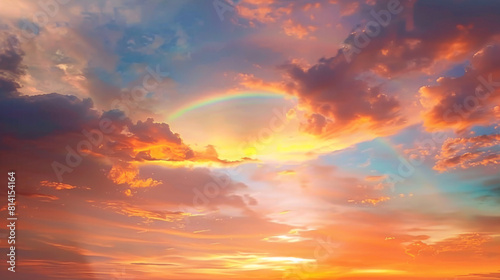 Scenic view of a vibrant sunset sky with a partial rainbow and scattered clouds.