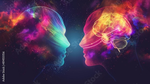 A symbolic image of two silhouetted heads facing each other, connected by vibrant, glowing lines representing telepathic communication.