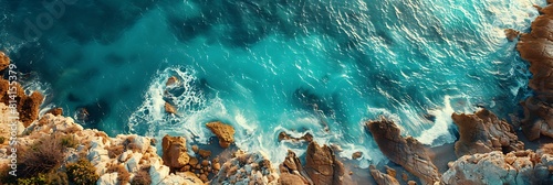 Aerial top view of sea waves hitting rocks on the beach with turquoise sea water, Amazing rock cliff seascape in the coastline, Aerial view of sea waves and fantastic Rocky coast, Mediterranean Sea