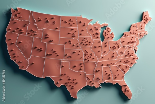 Stylized 3d rendering of the united states map showcasing state boundaries
