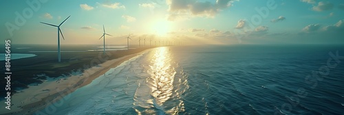 Aerial view Dutch sea with big offshore wind turbines along the coast realistic nature and landscape