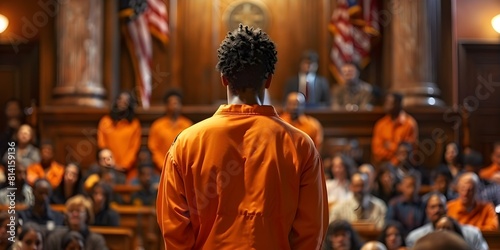 In Court: Inmate in Orange Jumpsuit Denies Charges and Asserts Innocence. Concept Legal Proceedings, Criminal Justice, Innocent Until Proven Guilty, Inmate Rights, Orange Jumpsuit