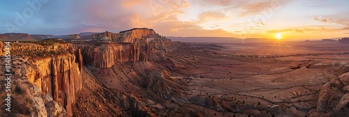 Aerial view of a sandstone Butte in Utah desert valley at sunset, Capitol Reef National Park, Hanksville, United States realistic nature and landscape