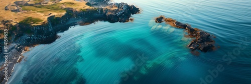 Aerial view of a small bay along the coast in summer, Iceland realistic nature and landscape
