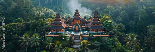 Aerial view of a traditional Balinese Hindu temple near Ubud in Bali, Indonesia realistic nature and landscape