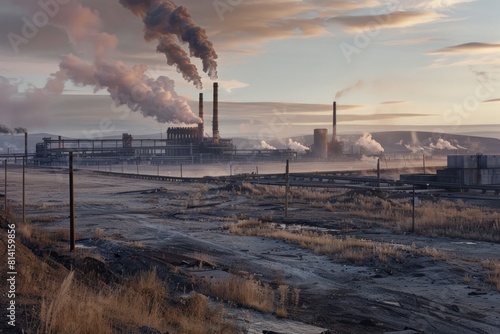 A desolate landscape with a large industrial plant emitting smoke. environmental pollution concept