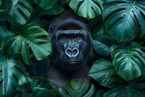 A gorilla roaring surrounded green leaves, jungle theme, wallpaper, monstera deliciosa in the style of monstera deliciosa