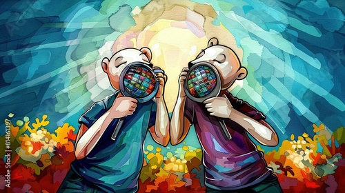  Two individuals stand beside a self-portrait with magnifying glass in front