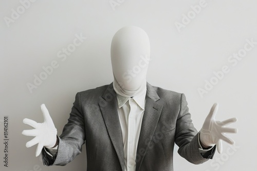 Faceless person in suit gesturing in a mysterious manner