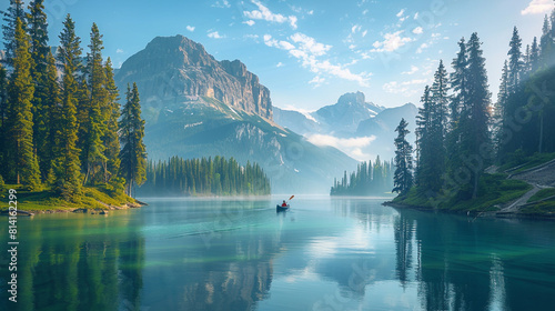 A serene mountain lake with a lone canoe gliding across its glassy surface, surrounded by towering evergreen trees.