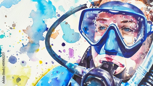Watercolor painting of a scuba diver, highlighted with colorful splashes. Artistic underwater scene. Concept of diving art, creative expression, and ocean exploration.