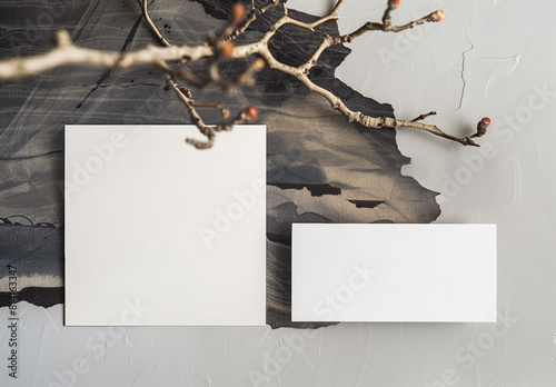 Traditional business card or poster mock-up showing blank paper cards underneath a branch with buds