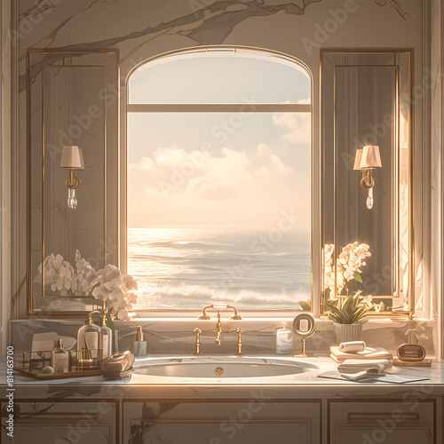 Spacious Marble Bathroom with Oceanside Views