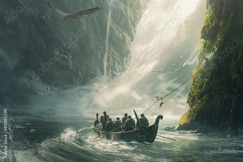 Group of Vikings sailing in a boat on a river, rowing and navigating the waters on their adventurous journey. Generative AI
