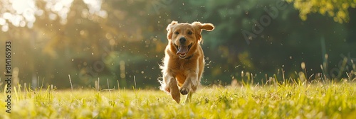 Joyful happy dog energetically dashes through grassy field, barking joyfully under bright daylight