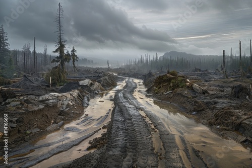 A muddy road with a forest in the background. environmental pollution concept