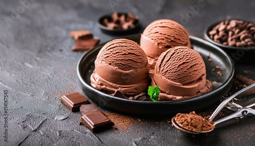 Creative food concept. Scoops of chocolate Soft serve yogurt gelato ice cream on black concr 