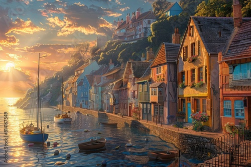 A painting depicting a town with boats floating on the water, showcasing a serene coastal scene. Generative AI