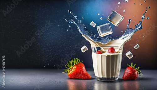 Creative food template. Ice cubes splashing dropping onto glass of milk milkshake yoghurt