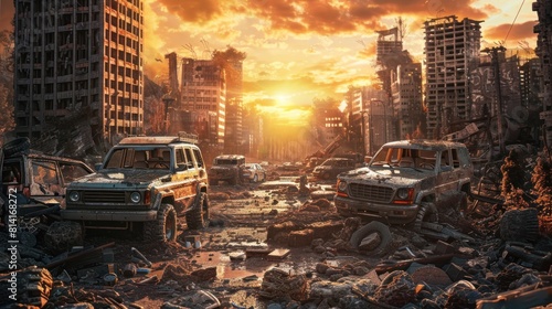 Views of cities and cars destroyed by war and disasters in the future wallpaper AI generated image