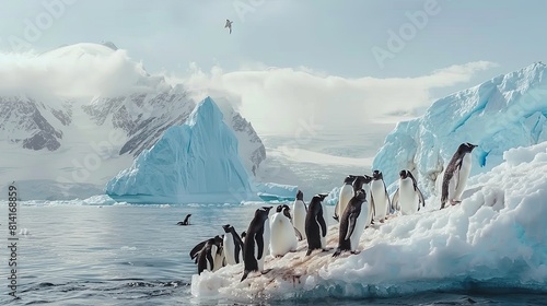 Penguins standing atop an iceberg near the icy ocean in the Antarctic spring