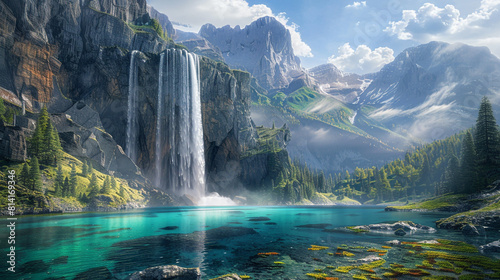 A breathtaking mountain lake with a magnificent waterfall cascading down from the peaks into its turquoise waters.