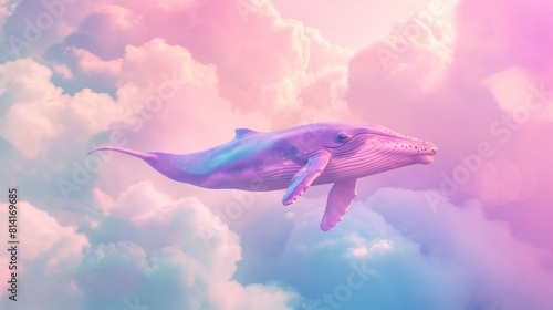 A digitally altered image presenting a whale soaring among colorful clouds, invoking a dreamlike fantasy scene.