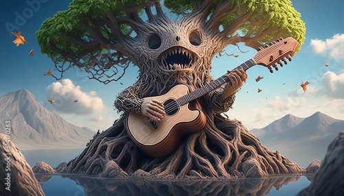 photorealistic, highly detailed, high contrast, creature made of a tree, playing guitar