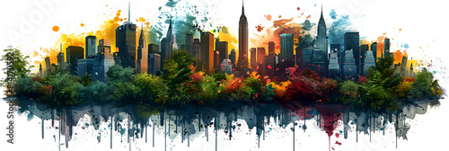 Abstract digital city skyline layered splatter illustration on white watercolors, Pixel panorama desktop wallpaper images