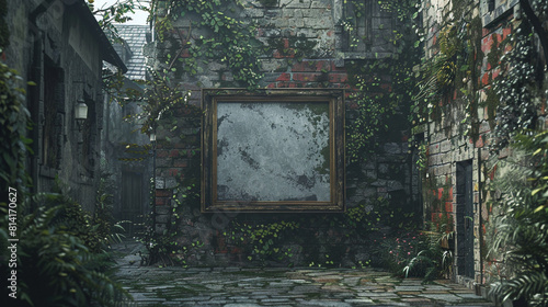 A hidden art gallery tucked away in a cobblestone alley. Empty, moss-covered frames hang on ivy-covered walls.