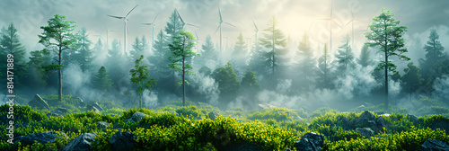 Renewable Energy Turbines Design on a Transparent Background, The Flourishing CarbonNegative Forest A Haven Of Abundant Nature And EcoFriendly Practices