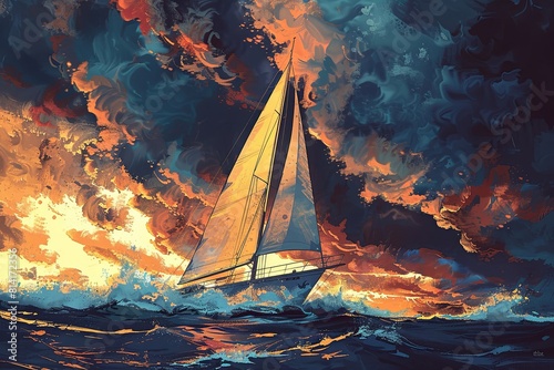 A painting depicting a sailboat navigating turbulent waters in the ocean under a dramatic stormy sky. Generative AI